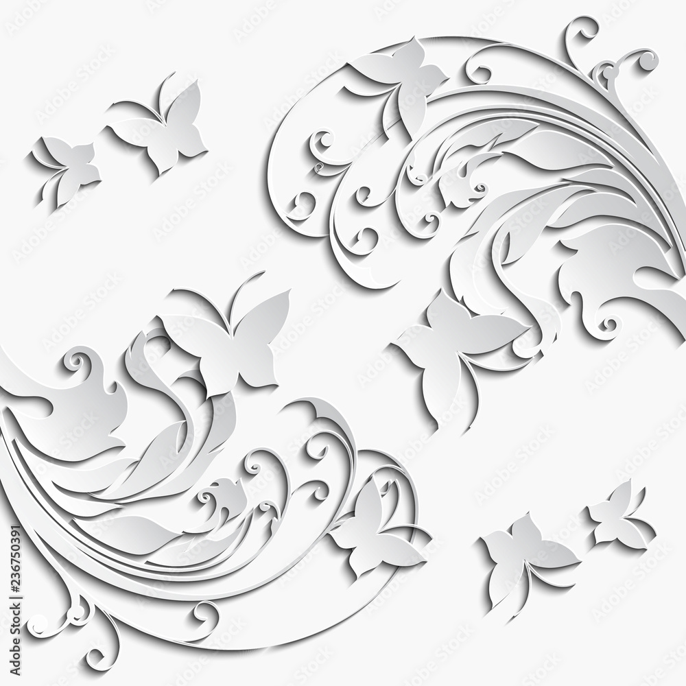 Fototapeta premium Abstract floral background with paper flowers butterflies.