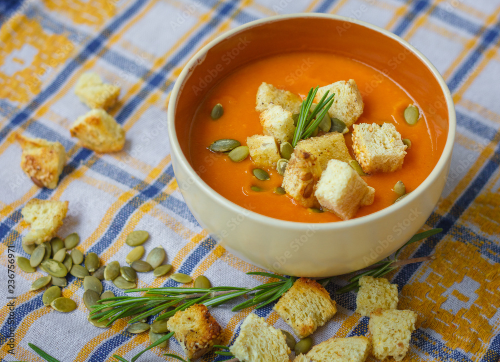 pumpkin vegan soup with croutons and rosemary pumpkin vegan soup with croutons and rosemary