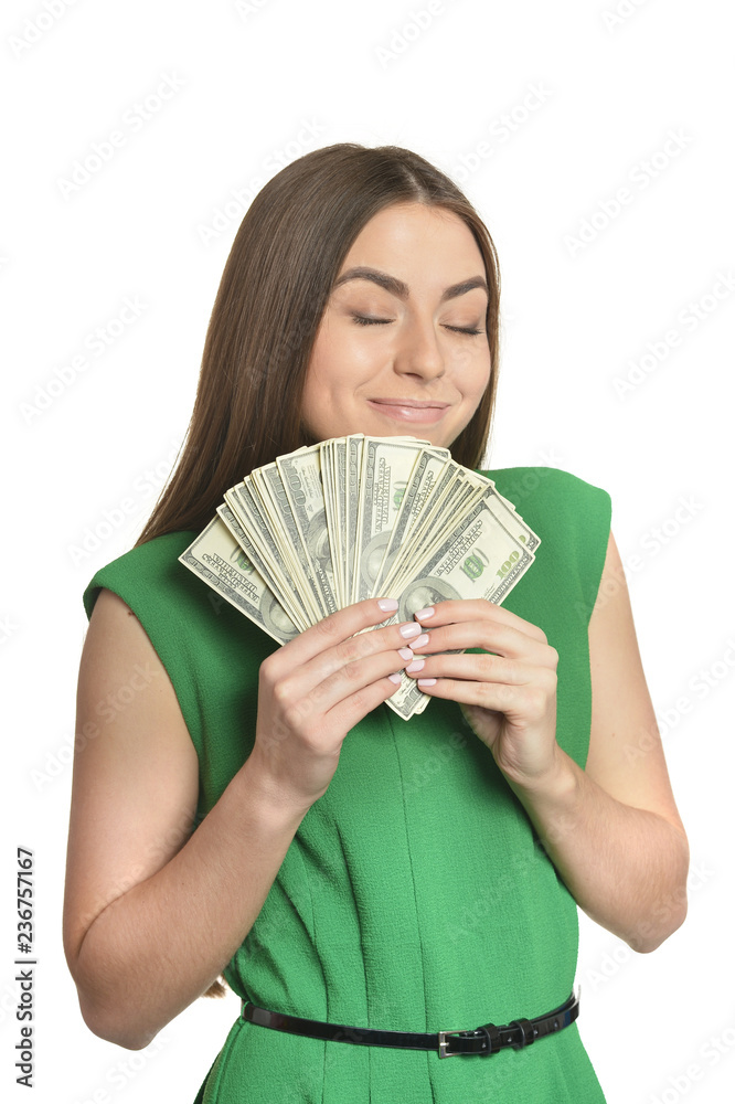 Beautiful woman with money on white background Beautiful woman with money on white background