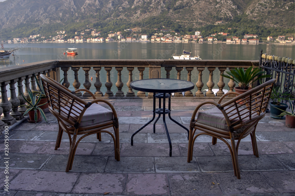 Dobrota, Montenegro - An old villa terrace with view of the Bay of Kotor