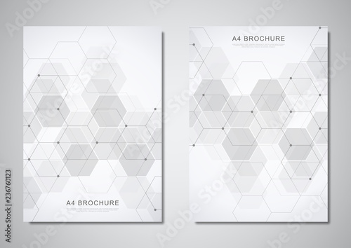 Vector brochure or cover design with hexagons pattern. Geometric abstract background with simple hexagonal elements.
