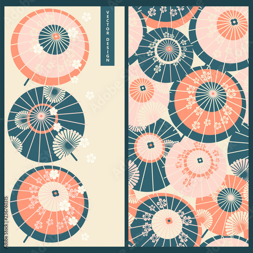 Obraz na plátně japanese set with a card and seamless vector pattern with vintage traditional japanese umbrellas