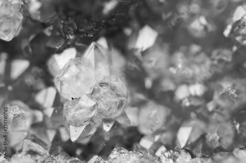 Black and white background of the crystals surface. Macro closeup photo