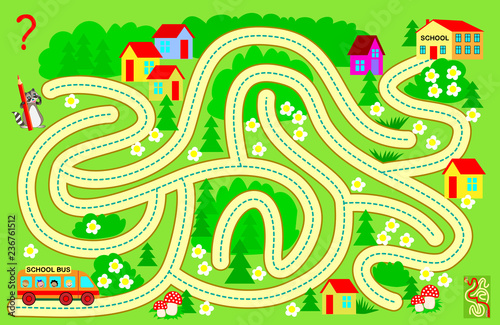 Logic puzzle game with labyrinth for children and adults. Help the school bus bring the children to school. Find the way and draw the line. Vector cartoon image.