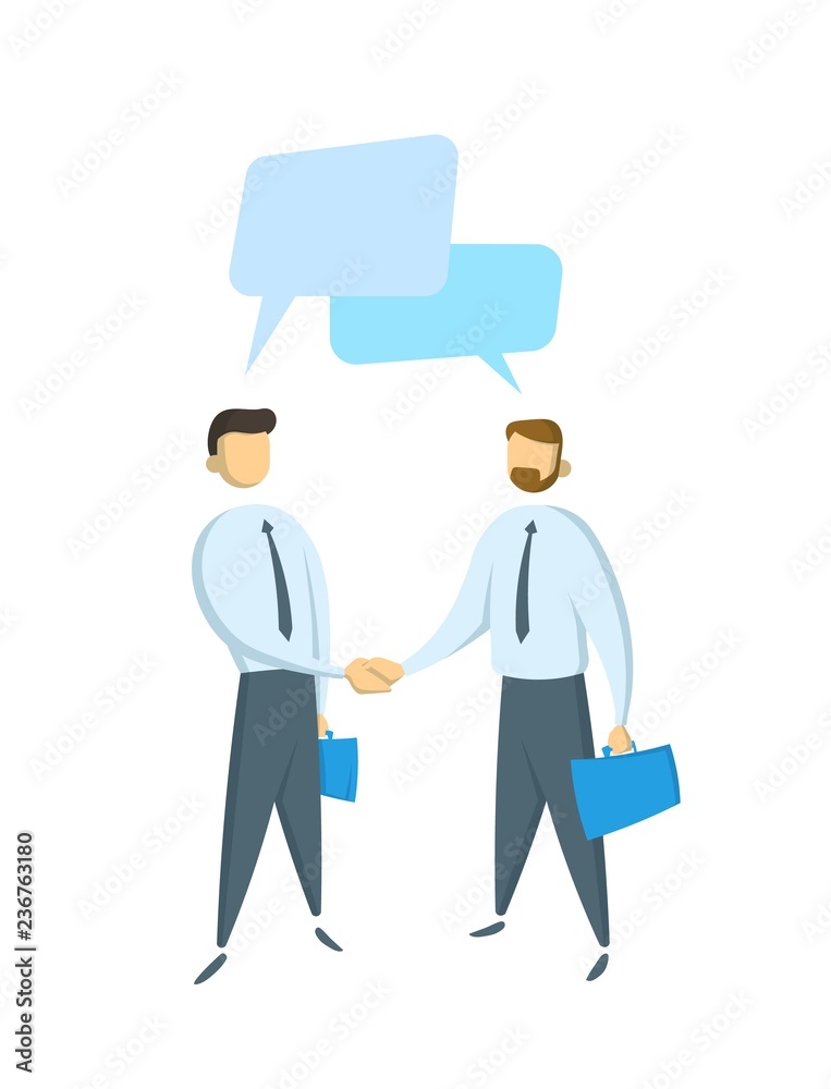 Two businessmen having a dialogue, conversation. Concept for banners, infographics or websites. Flat vector illustration. Isolated on white background. Two businessmen having a dialogue, conversation. Concept for banners, infographics or websites. Flat vector illustration. Isolated on white background.