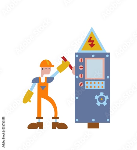 Electrician at work. Man in uniform holding the electrical switch. Concept for banners, infographics or webpages. Flat vector illustration. Isolated on white background.