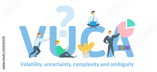 VUCA, volatility, uncertainty, complexity and ambiguity of general conditions and situations. Concept with keywords, letters and icons. Colored flat vector illustration on white background. photo