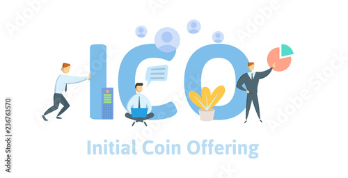 Initial Coin Offering, ICO. Concept with computer user, letters and icons. Colored flat vector illustration on white background. photo