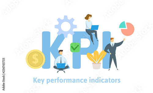 Key Performance Indicators, KPI. Concept with keywords, letters and icons. Colored flat vector illustration on white background.
