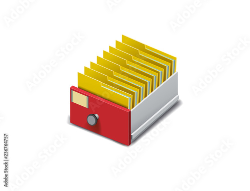 Archive. Folder in the archives. Drawer with folders for files. Isometric archive. Archive documents. Archival document. Database. Open card catalog. Vector illustration Eps10 file