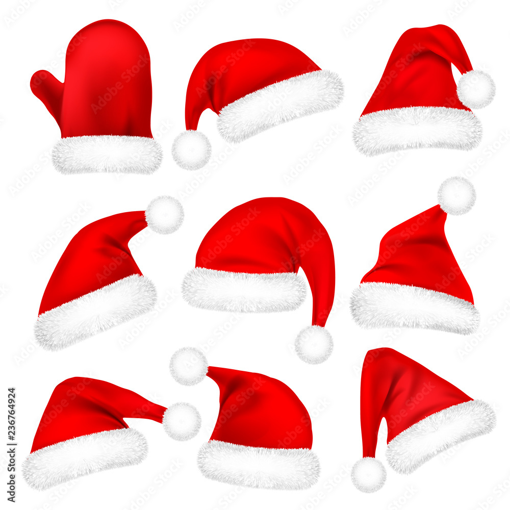 Christmas Santa Claus Hats With Fur Set, Mitten. New Year Red Hat Isolated on White Background. Winter Cap. Vector illustration. Christmas Santa Claus Hats With Fur Set, Mitten. New Year Red Hat Isolated on White Background. Winter Cap. Vector illustration.