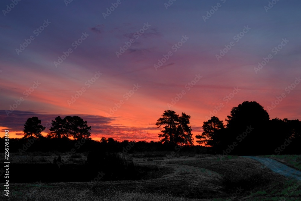 Beautiful colorful sunrise with an old country road head towards the light. Raleigh North Carolina Beautiful colorful sunrise with an old country road head towards the light. Raleigh North Carolina
