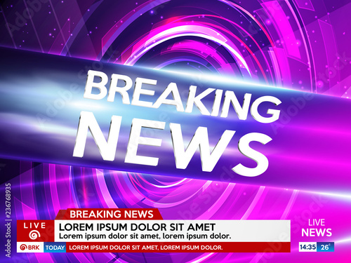 Background screen saver on breaking news. Breaking news live on pink background. Vector illustration.
