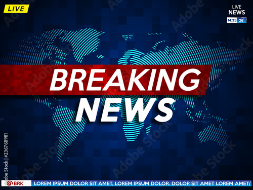 Background screen saver on breaking news. Breaking news live on blue background with world map. Vector illustration.