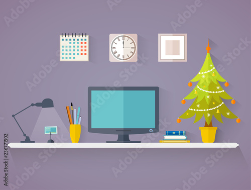 Desktop decorated for Christmas. Vector interior in flat style.
