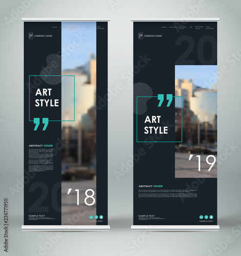 Abstract composition. Black roll up brochure cover design. Info banner frame. Text font. Title sheet model set. Modern vector front page. City view brand flag. Green citation figure icon. Ad flyer.