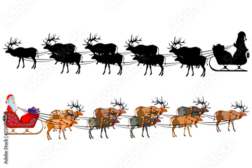 Santa Claus on a sleigh with reindeer, with a handful of gifts. Silhouette of santa claus.