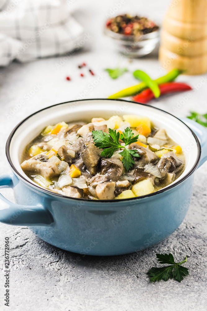 Healthy vegan wild mushroom soup in pots on grey concrete background. Selective focus, space for text.