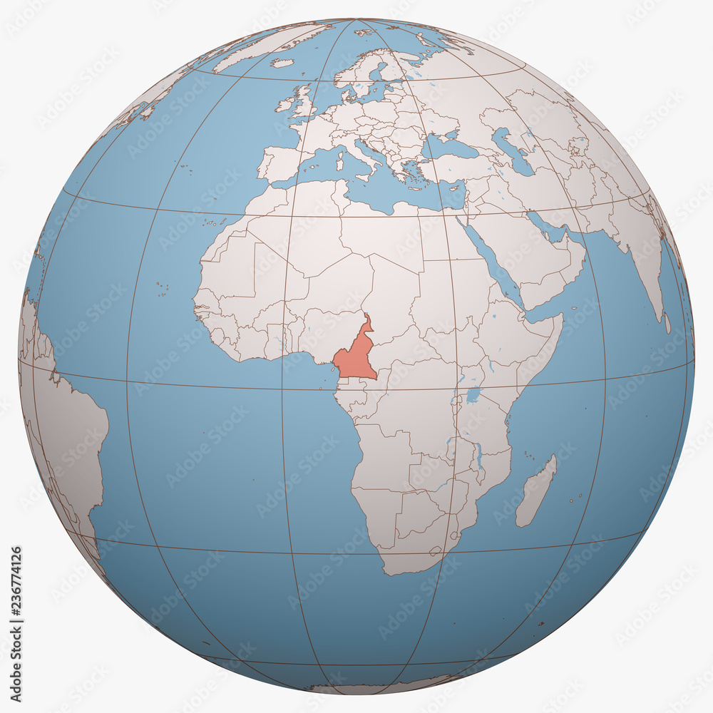 Cameroon on the globe. Earth hemisphere centered at the location of the Republic of Cameroon. Cameroon map. Cameroon on the globe. Earth hemisphere centered at the location of the Republic of Cameroon. Cameroon map.