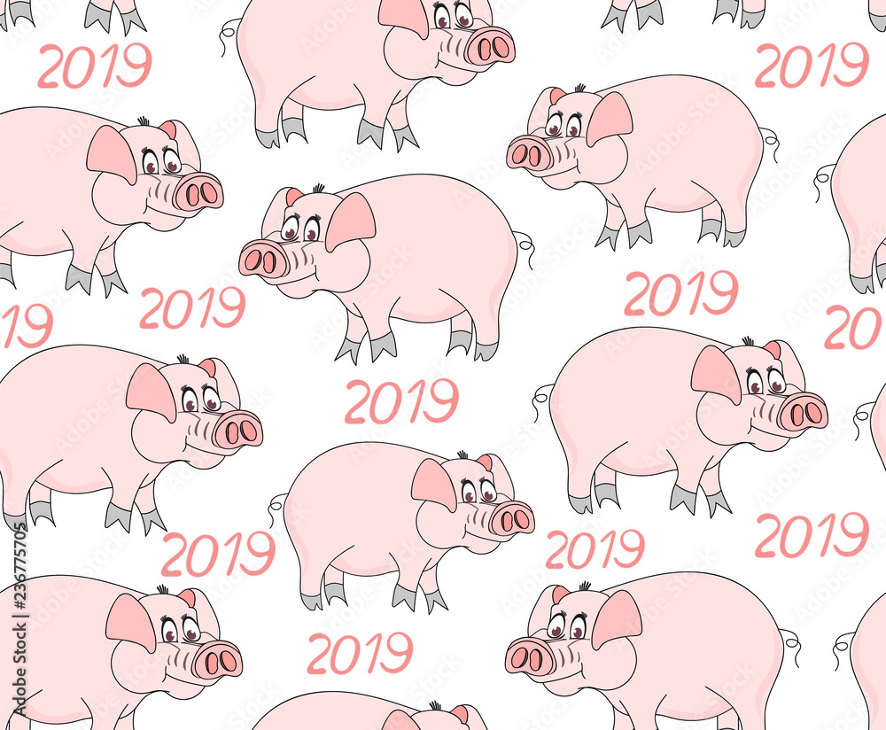 Decorative vector seamless pattern with cute funny pigs -- the symbol of 2019 year Decorative vector seamless pattern with cute funny pigs -- the symbol of 2019 year