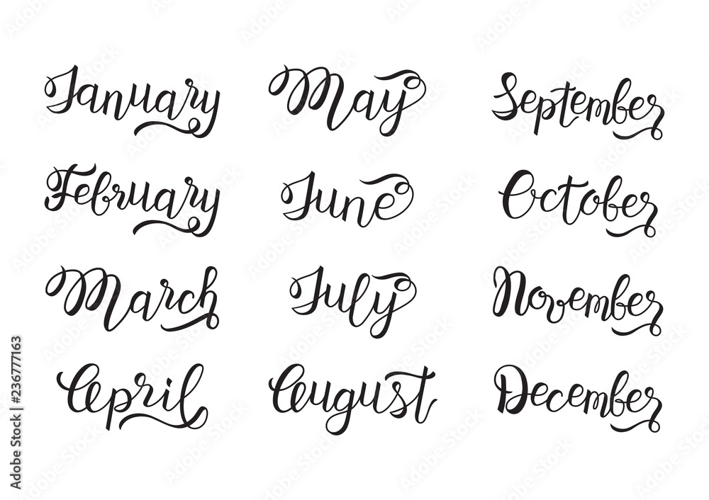 Set of months hand lettering: January to December