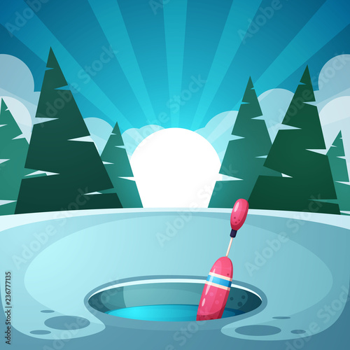 Winter night landscape. Float, fishing, ice.