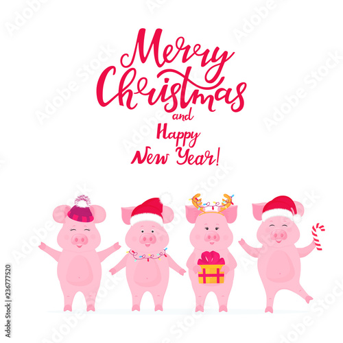 Funny pigs in Santa's hats with a gift. Piggy with deer horns. Merry Christmas and Happy New Year greeting card with handwritten inscription