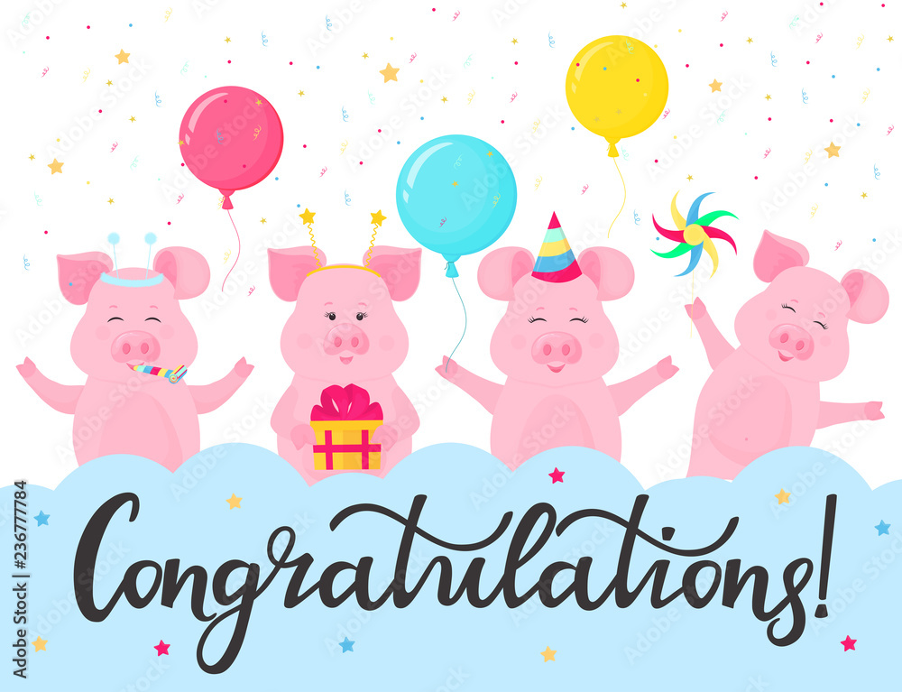 Funny pigs at a party. Congratulations hand lettering. Greeting card design. Gift box, striped hat, whistle, pinwheel.