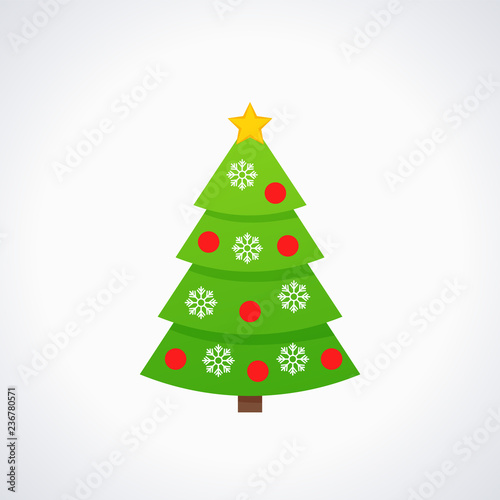 Christmas tree. Vector. Tree icon in flat design. Xmas spruce fir. Merry cartoon background. Green pine with star, balls, snowflake. Winter illustration isolated on white. Computer graphic.