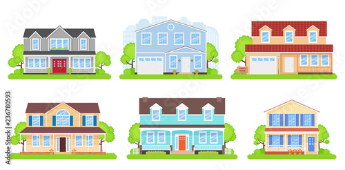 House front. Vector. Home exterior. Townhouse building facade. Modern cottage with tree, bush, yard. Residential estate. Suburb architecture. Apartment with roof door. Cartoon illustration Flat design