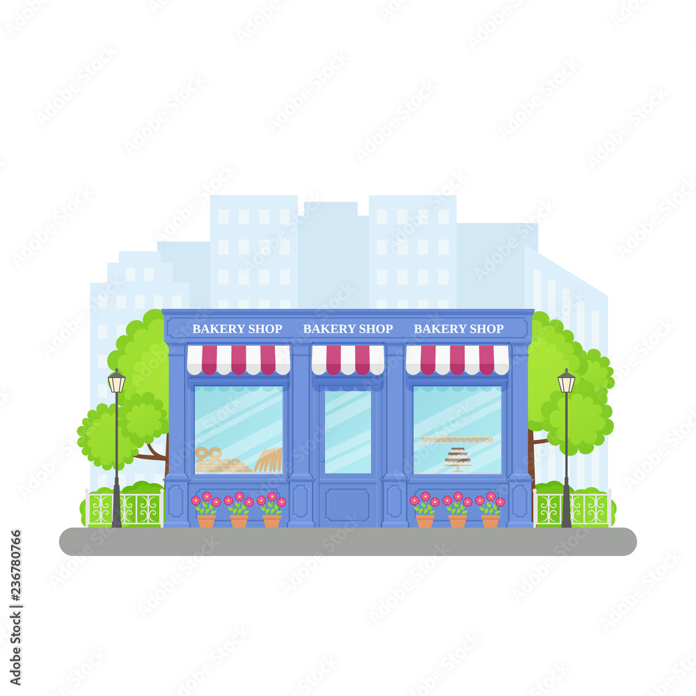 Bakery shop, storefront. Vector. Vintage store front. Facade retail  building with window. Cartoon exterior house. Retro street architecture.  Illustration isolated in flat design. Modern blue shopfront Stock Vector |  Adobe Stock