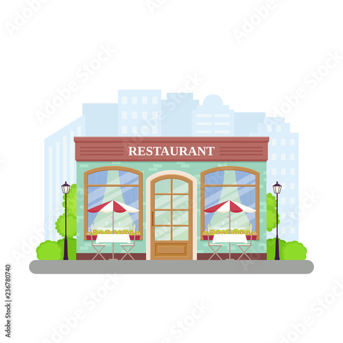 Restaurant. Vector. Street cafe shop. Building facade, storefront. Vintage store front, coffee house in flat design. Europe bistro with window. Exterior architecture background. Cartoon illustration