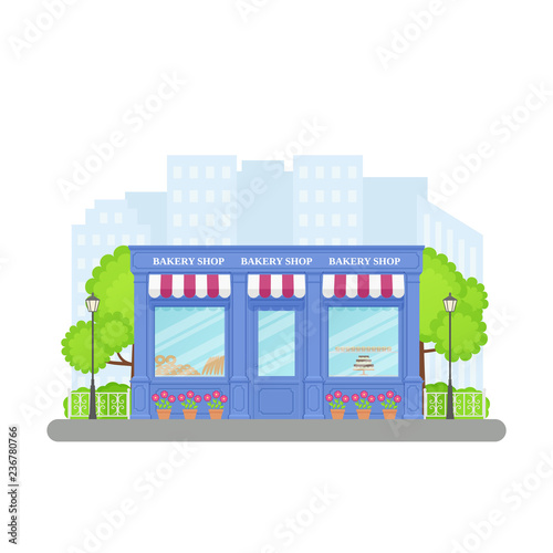 Bakery shop, storefront. Vector. Vintage store front. Facade retail building with window. Cartoon exterior house. Retro street architecture. Illustration isolated in flat design. Modern blue shopfront