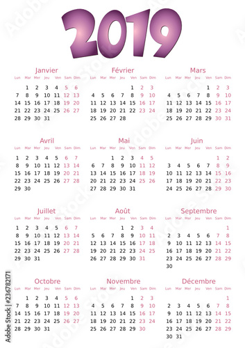 Calendrier 2019 simple - facilement éditable
