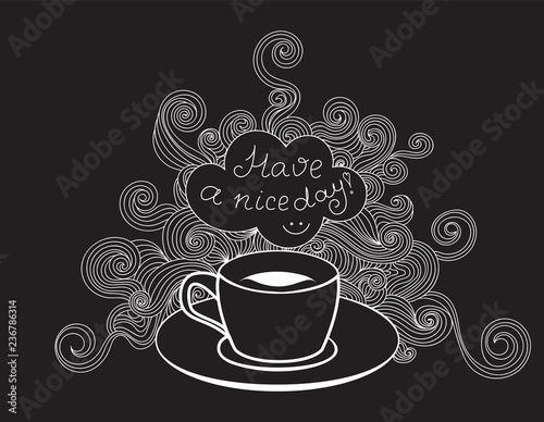 Vector coffee cup handwritten with chalk on a grey blackboard, with handwritten wish inside the aroma smoke