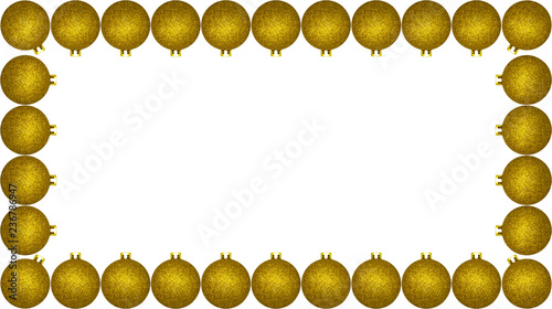 Frame made from a lot of gold Christmas baubles, isolated on a white background with a clipping path and copy space, christmas decorations.
