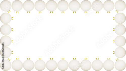 Frame made from a lot of white Christmas baubles, isolated on a white background with a clipping path and copy space, christmas decorations.