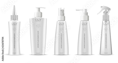 White cosmetic containers pack for next products: cream, moisturizer, shampoo, mask, soap and other liquids. Cosmetic bottles pack with pump and spray dispenser lids.  3d vector illustration.