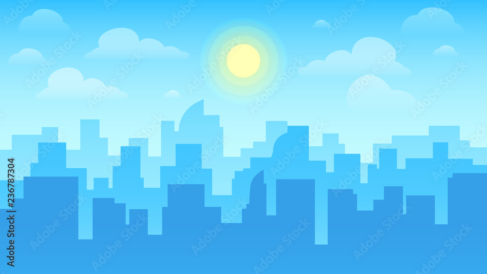Urban cityscape. City architecture, skyscrapers buildings and town landscape with sun on cloudy sky vector background illustration