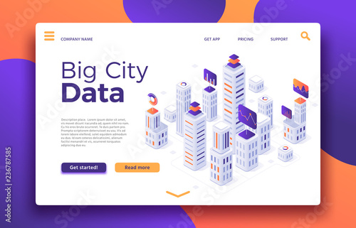 Smart City landing. Business office building rating, real estate agency or buildings rental property isometric vector illustration