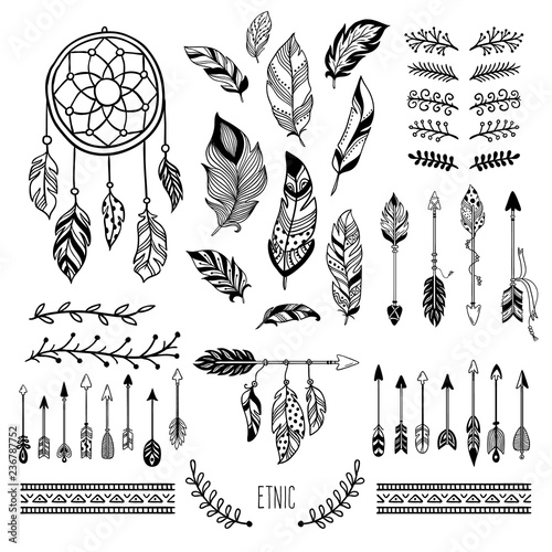 Boho art. Tribal arrow feather, bohemian floral border and hippie fashion frame vector elements set