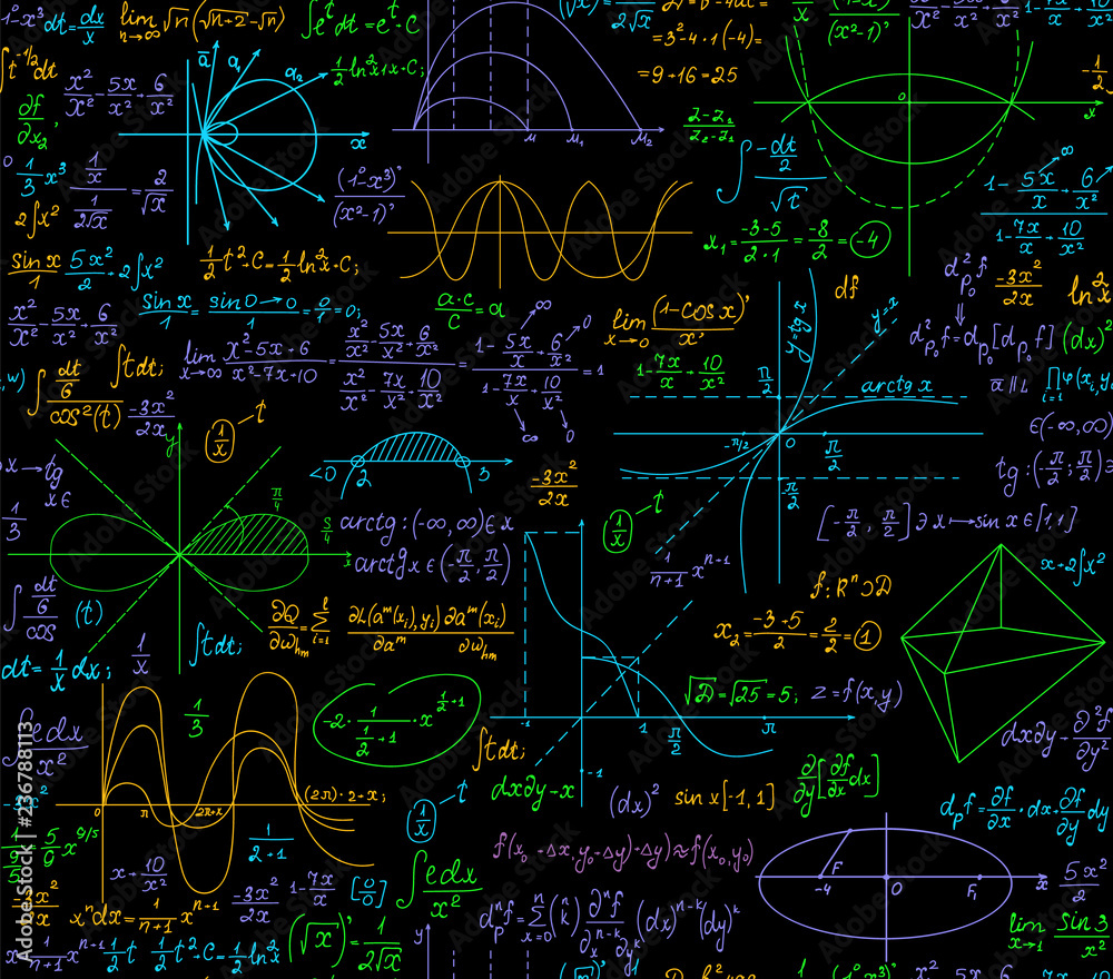 Math multicolored vector seamless pattern with handwritten mathematical formulas. You can use any color of background or foreground