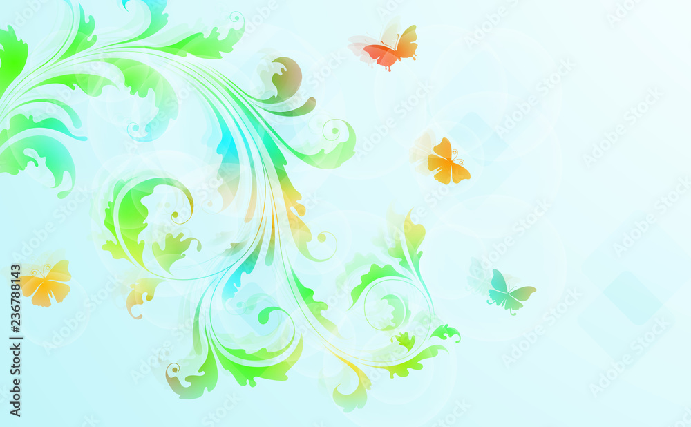 Abstract floral background with  colorful flowers butterflies.