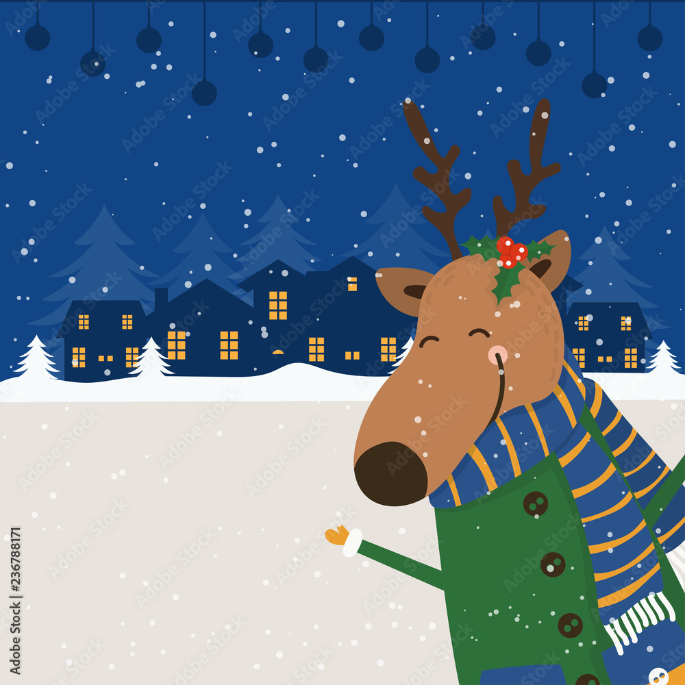 Merry Christmas and Happy New Year winter holidays greeting card with deer. Vector illustration