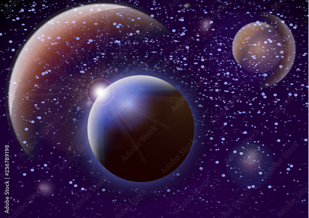 Fototapeta premium Głębokie tło kosmiczne. Wszechświat z planetami i jasnymi gwiazdami. Efekty światła aureoli na ciemnym tle, błyski światła. Ilustracji wektorowych.