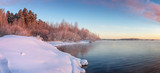 зимний пейзаж на Уральской реке с туманом и деревьями в снегу, Россия, январь