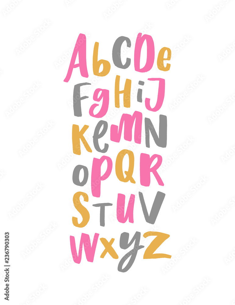 Decorative hand drawn lettering alphabet. Kids playful font.