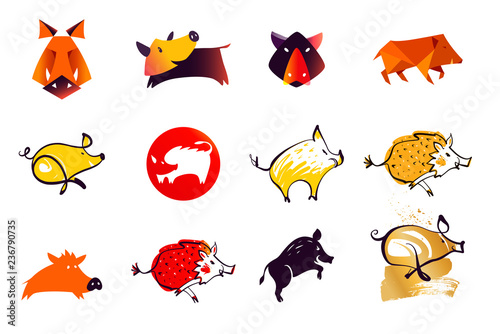 Set vector illustration isolated silhouette hog, pork. Template concept image with pig, boar. Concept template image logo, badge, emblem sign