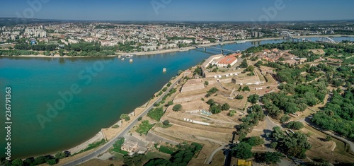 Aerial view of Petrovaradin Novi Sad fortress from the Austria Turkish times in Serbia former Yugoslavia along the Danube river