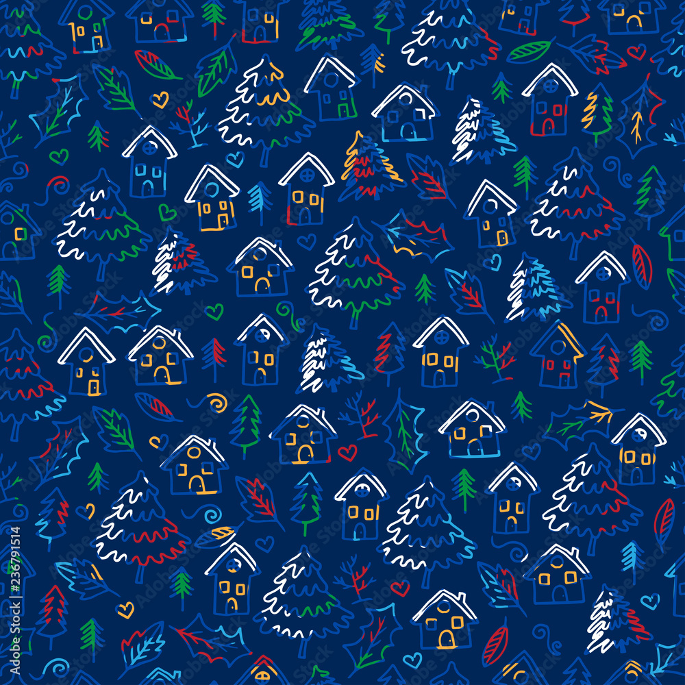 Naklejka premium Merry Christmas and Happy New Year winter seamless pattern with holidays objects. Vector illustration